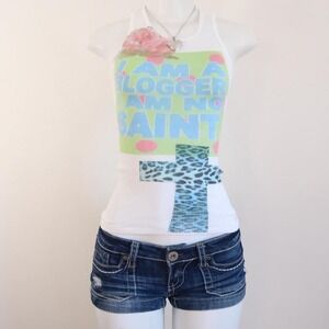 y2k blogger no saint tank white ribbed cross graphic